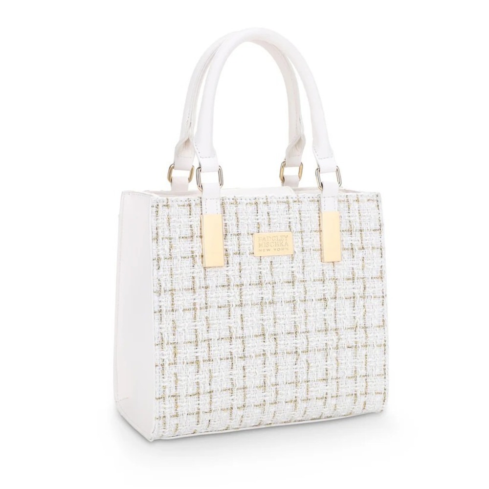 BADGLEY MISCHKA Tara Tweed Satchel Bag Womens Medium White Top Handle TG32054